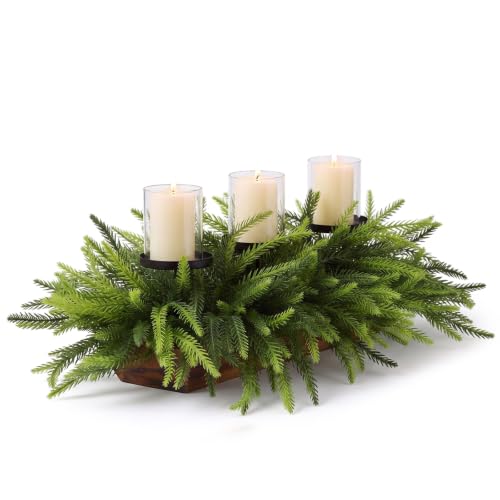 Suttmin Norfolk Pine Stems Christmas Candle Holder Centerpiece with Metal Candle Column, Wooden Base & Glass Covers