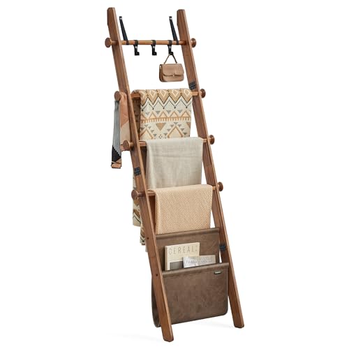 VASAGLE 5-Tier Pine Wood Blanket Ladder with Caramel Brown Finish and Leather Bag