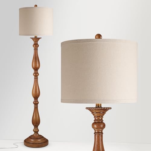 PARTPHONER Vintage Wood Grain Floor Lamp with Linen Shade, Rustic Farmhouse Standing Light for Living Room & Bedroom