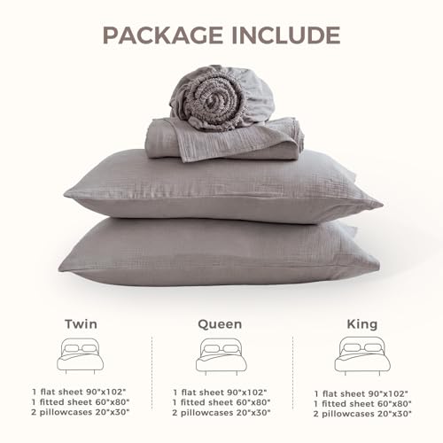 LUTBM King 100% Cotton Muslin Sheet Set Gray - 4 Piece Breathable Bed Sheets