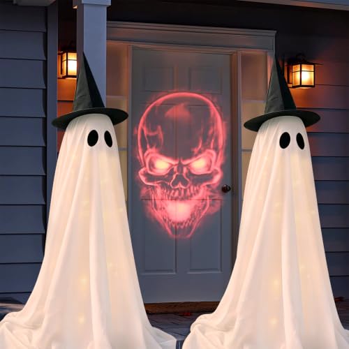 DAZONGE 2-Pack Outdoor Halloween Ghost Decorations with Remote Control - Spooky Ghosts with Lights & Stand