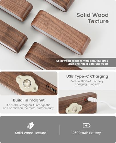 Vadifula Black Walnut Rechargeable Magnetic Wall Sconce Set of 2 - Dimmable Touch Bed Reading Lights