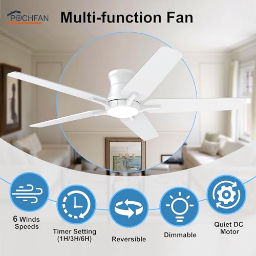 White 52-Inch Ceiling Fan with Lights and Remote - Flush Mount, Dimmable, Reversible, Quiet for Bedroom & Living Room