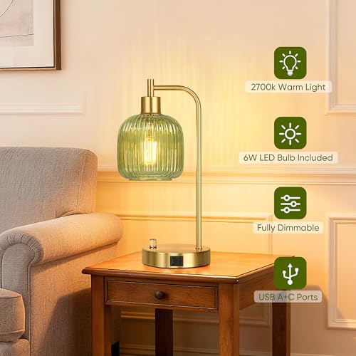 Green Glass Dimmable Table Lamps Set of 2 with USB Ports - Gold & Green Variation