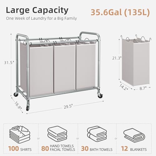 Laundry Sorter with 3 Removable Bags - Gray, 135L Capacity, Wheels