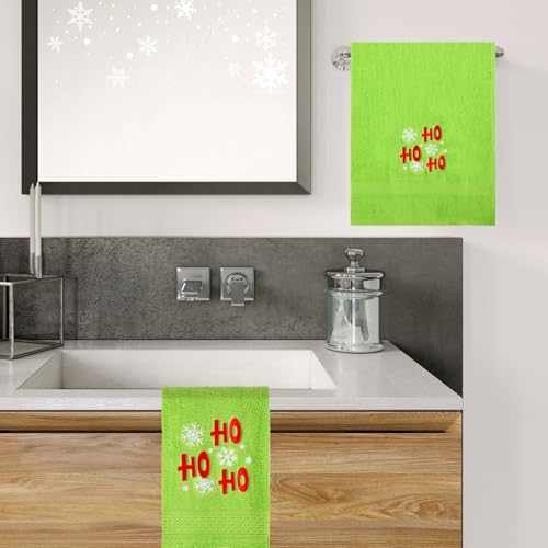 Green Christmas Hand Towels 2 Pack — Snowflake Embroidered Cotton, 29.5 x 13.8 in