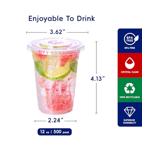 Clear 12oz Plastic Cups with Lids - 500 Pack, Disposable PET Drink Cups