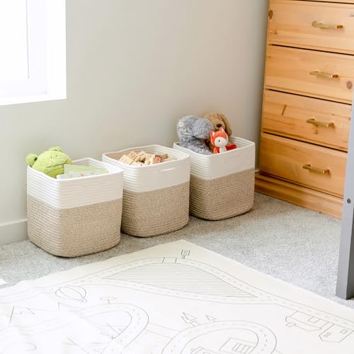 13 Inch Cube Storage Bins - Cotton Rope Woven Baskets for Organizing, 3-Pack, Off White & Mixed Brown