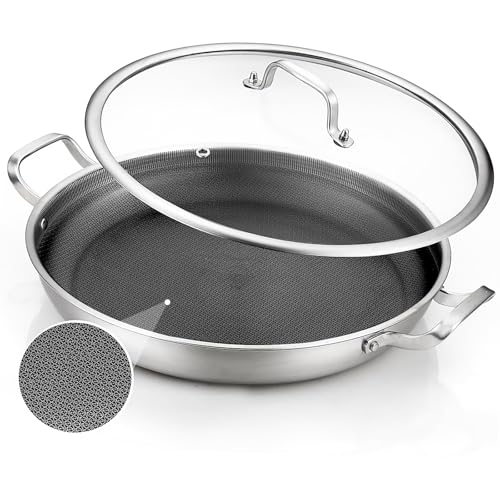 DELARLO 14 Inch Black Tri-Ply Stainless Steel Paella Pan with Lid, Induction Ready