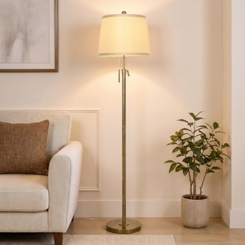 Antique Brass Adjustable Floor Lamp with Beige Shade - 55 to 65 Inches Tall, 3 Brightness Levels