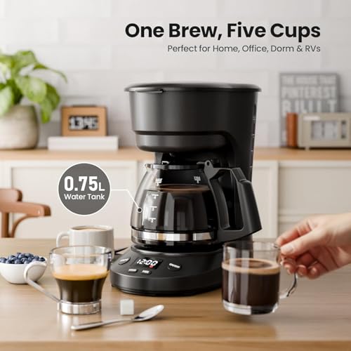 Kismile 5-Cup Drip Coffee Maker with LED Display & Timer - Black