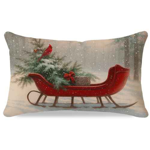 Christmas Throw Pillow Cover 12x20 Inch, Vintage Sleigh Rides Bow Christmas Tree Winter Woodland Lumbar Decorative Cushion Case, Outdoor Xmas Holiday Decorations for Sofa Couch Home Decor
