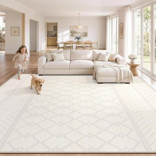 Washable Area Rug 8x10 Beige Moroccan Pattern Non-Slip Living Room Carpet