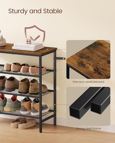VASAGLE Rustic Brown & Ink Black 4-Tier Metal Shoe Rack - Holds 12-16 Pairs