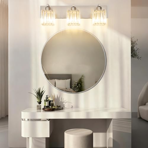 Aipsun Brushed Nickel 3-Light Crystal Vanity Light Fixture - 23 Inch Modern Bathroom Wall Sconce (Exclude Bulb)