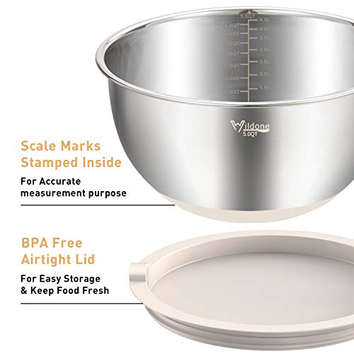 Wildone Stainless Steel Mixing Bowls Set with Airtight Lids Non-Slip Bottom Khaki 5PCS