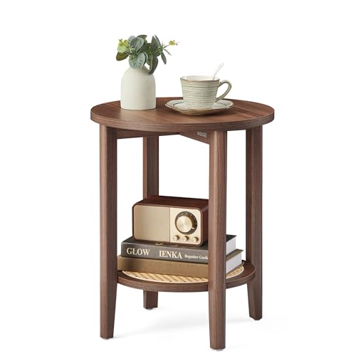 VASAGLE Boho Round Side End Table Black Walnut 1-Pack Rattan Look