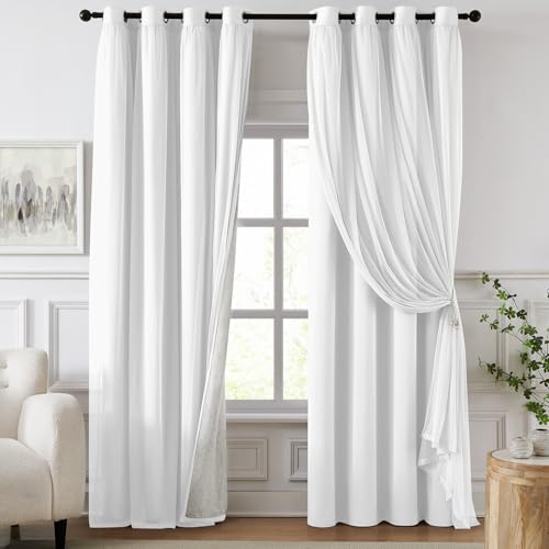 White Double Layer Blackout Curtains 52W x 108L Pack of 2 - Room Darkening & Privacy