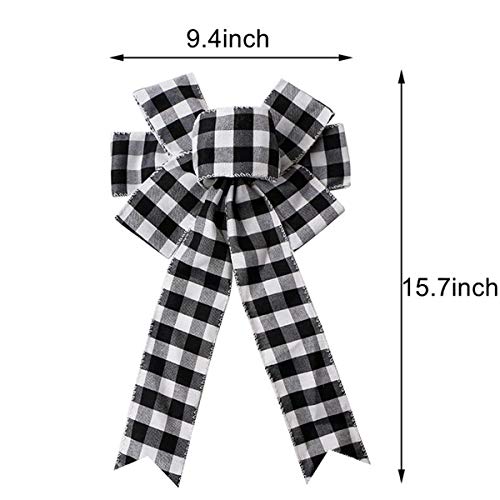 Black & White Buffalo Plaid Bow Christmas Wreath Topper & Door Decor, 15.7x9.4"
