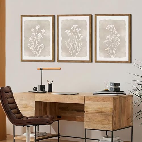 Gray Flowers Framed Botanical Wall Art Set of 3 - 16x24 Inch Rustic Floral Prints