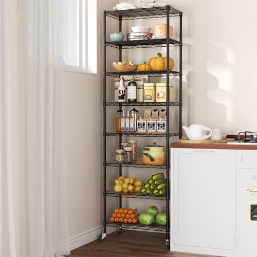 SINGAYE 8-Tier Metal Wire Closet Shelf with Wheels, 12 x 22 x 74 Inches, Black