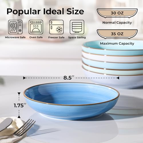 8.5 Inch Pasta Bowls Set of 6 - Gradient Blue Ceramic Salad & Soup Bowls