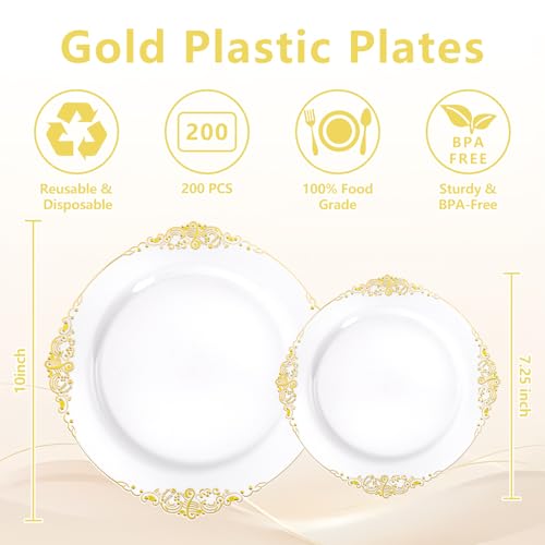 200PCS White and Gold Plates Disposable - Plastic for Wedding