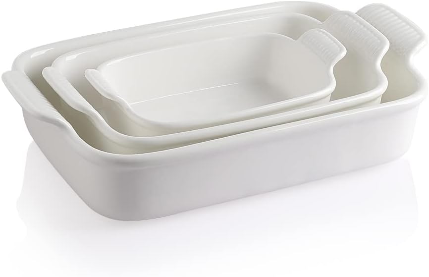 Sweejar Baking Pans Set - Durable Ceramic 9x13 Baking Dish with Handle | 3-Piece Casserole Bakeware Set (White)