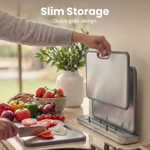 SMIRLY Silver Titanium Cutting Board Set with Holder - 3 Pack, Food-Grade Non-Toxic Kitchen Utensils