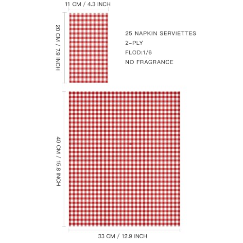 Wrapaholic Gingham Plaid Red 25Pcs 2-Ply Napkins - 4.3 x 7.9in Disposable Dining Towels