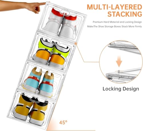 Clear Shoe Storage Box 6 Pack with Magnetic Door - Stackable Shoe Organizer for Sneakers, Fits US Size 12 - INSTY