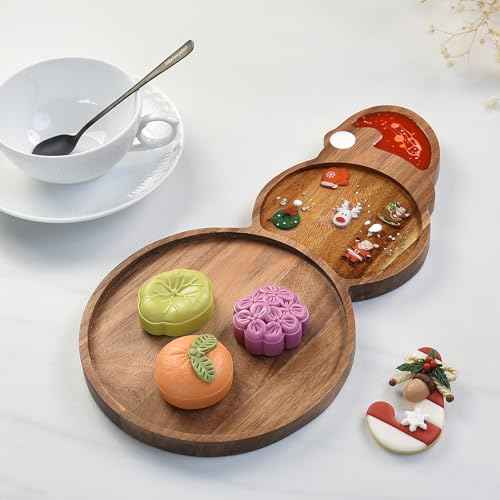 Christmas Serving Platter Mitten Shape Acacia Wood Serving Tray Charcuterie Board Handcrafted Resin Wooden Tray Snack Platters Gifts Party Supplies Wood Candy Dish (Snowman)