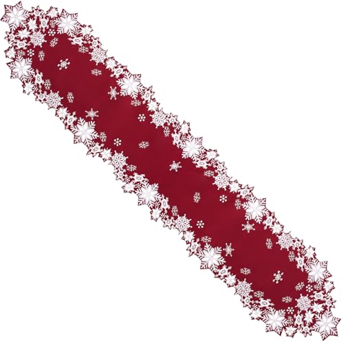 Simhomsen Embroidered Burgundy Snowflakes Table Runner 14×69 inches