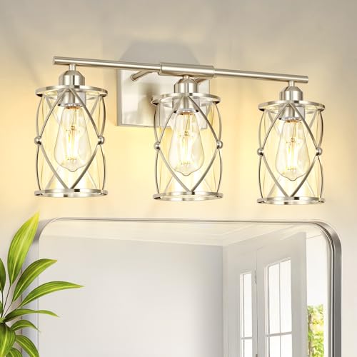 Osimir 3-Light Brushed Nickel Bathroom Vanity Light with Clear Glass & Metal Cage, 21 Inch Over Mirror Wall Sconce, Dimmable, CH9176BN-3W