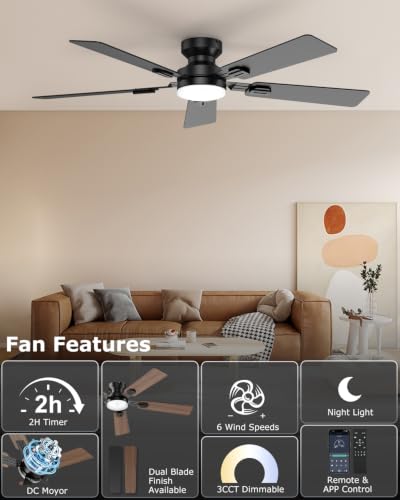 Black 52 Inch Ceiling Fan with Light and Remote App Control - Flush Mount
