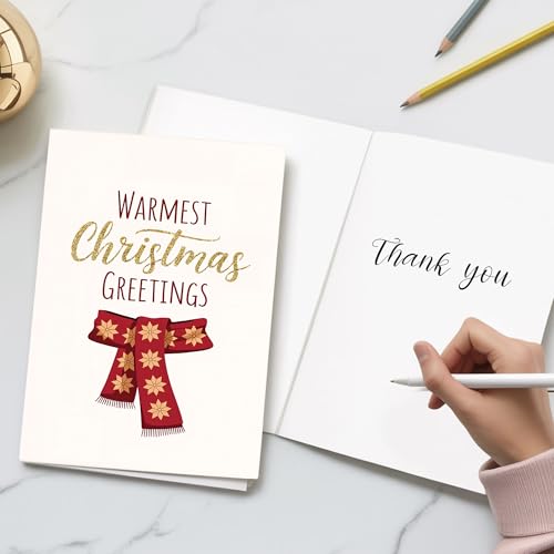 Warm Christmas Greetings Card with Red Scarf & Gold Accents - Holiday Stationery (5.3x8in)