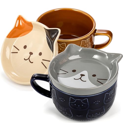 Cute Ceramic Cat Mug Set with Lids and Coasters - 10oz Kawaii Coffee & Tea Cups for Cat Lovers