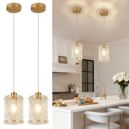 Modern Gold Water Ripple Glass Pendant Lights for Kitchen Island & Dining Room - 2 Pack
