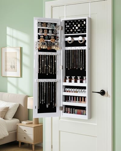 Nicetree Hanging Jewelry Cabinet - White Wall Mount Mirror with Lock & Ample Storage, 3.8''D x 12.4''W x 42''H