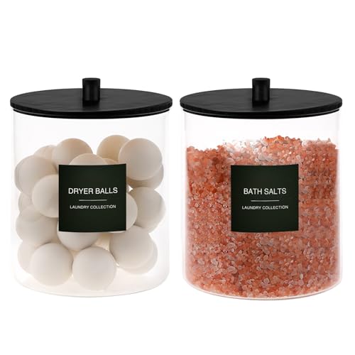 TIPGO Black Glass Jar & Acrylic Dryer Sheet Holder Set with Measuring Cups for Laundry Room Organization