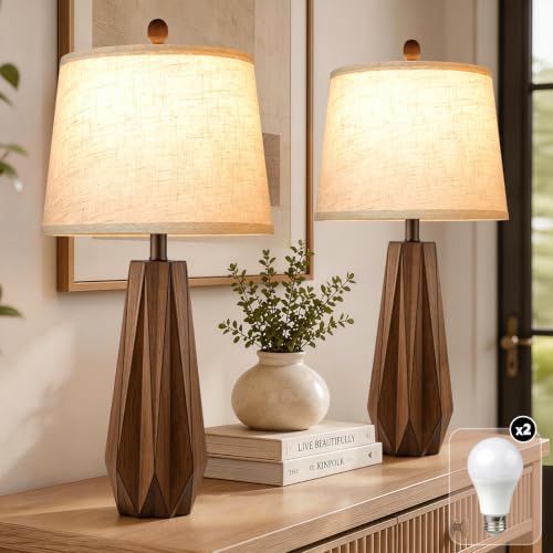 Brown 28-Inch Set of 2 Modern Wooden Base Table Lamps for Living Room & Bedroom - Geometric Design