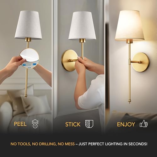 PRIDOLA Gold Wireless Wall Sconce Set of 2 - Rechargeable LED, Remote Control, Adjustable Brightness & Warmth, Easy Mounting