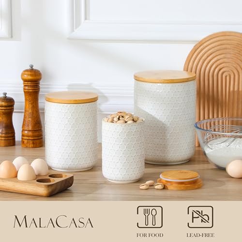 White Ceramic Canisters Set with Airtight Lids - 3 Sizes Coffee Cookie Sugar Storage