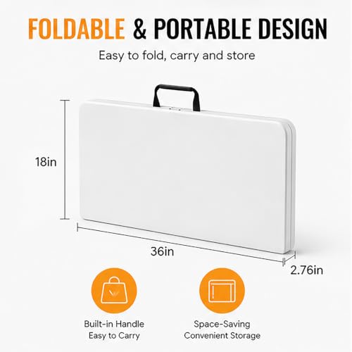 FurniEdge 36-Inch Portable Folding Table - Heavy Duty Plastic with Steel Legs, Supports 300lbs, Indoor & Outdoor Use, White