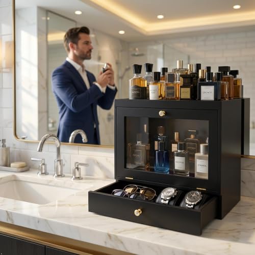 Large Capacity Wooden Cologne Organizer with Dustproof Acrylic Door and Drawer for Men