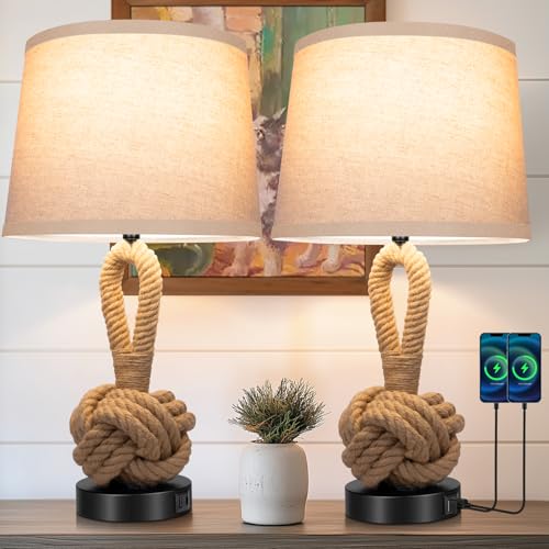 2-Pack 22-Inch Hemp Rope Bedside Lamps with USB Ports, 3-Color Temperatures, Rattan Nightstand Lights