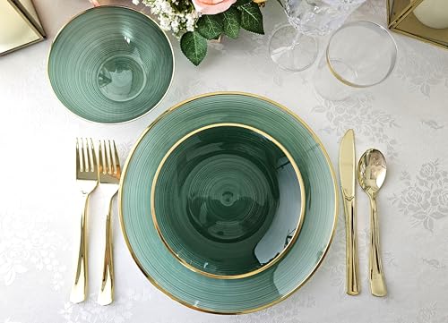 50 Pack Disposable Plastic Plates for Wedding & Party - Belize Green & Gold, 10in Dinner + 7in Salad Plates