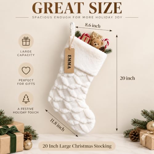 AISENO 3-Pack 20 Inch White Faux Fur Christmas Stockings with Cable Knit - Knitted Holiday Decor
