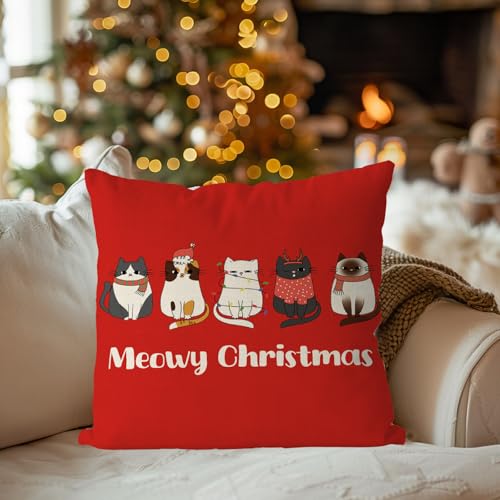 Christmas Pillow Covers 18x18 Inch Cat Christmas Decor Pillowcase Red Xmas Throw Pillow Covers Home Sofa Living Room Decorative Cushion Case
