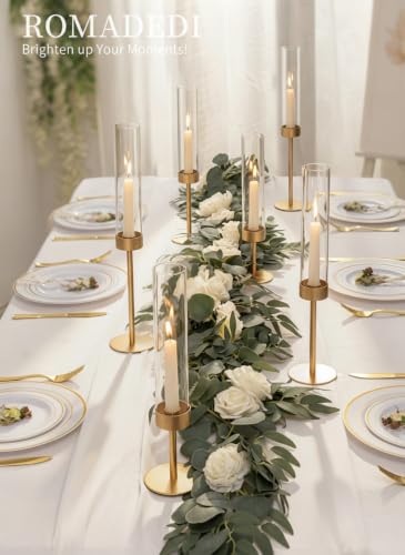 Romadedi Set of 6 Gold Glass Hurricane Candle Holders - Elegant Taper Candle Stands